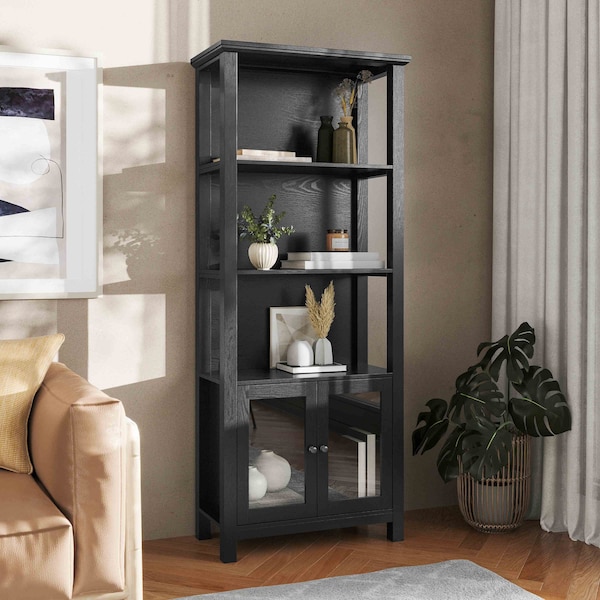 Flash Furniture Stella Modern Farmhouse Wooden Bookcase/Storage Cabinet, 3 Upper Shelves in Black ZG-027-BLK-GG - main